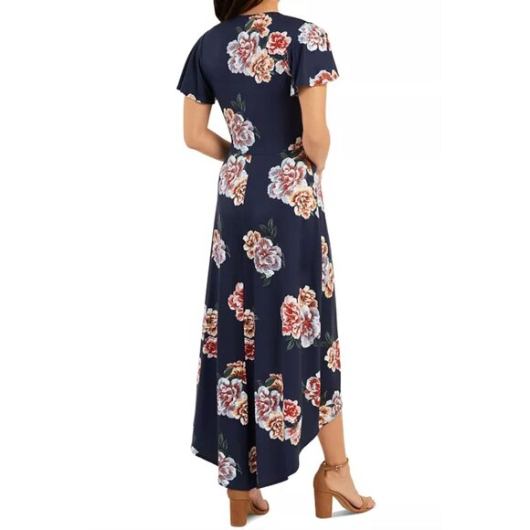 Navy Blue Floral Print Ultra-Soft Knit Side-Tie Hi-Low Dress Size 3X 22 24 Plus - Picture 3 of 9